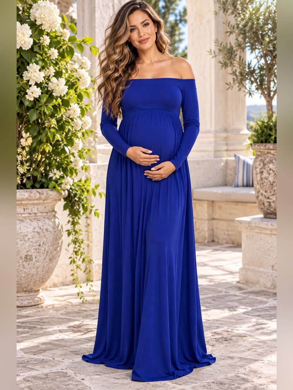 PinkBlush Blue Off Shoulder Maternity Maxi Dress Large Baby Shower Photoshoot